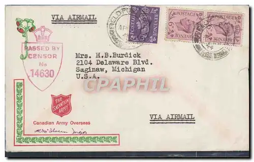 Lettre Field Post Office to Saginaw Michigan Canadian Army overseas 4 1944 Miliaria
