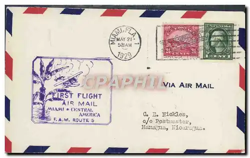 Lettre Etats Unis 1st flight Miami Central America FAM Route 5 21 5 1929