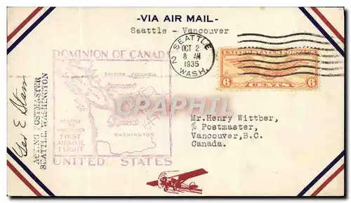 Lettre Etats Unis 1st flight Seattle to Vancouver 2 10 1935