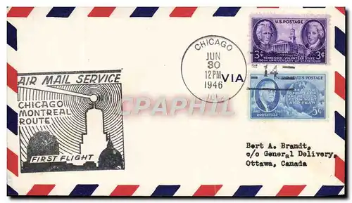 Lettre Etats Unis 1st flight Chicago Montreal 30 6 1946