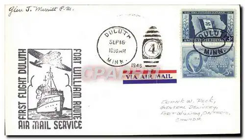 Lettre Etats Unis 1st flight Fort William Route 16 9 1946