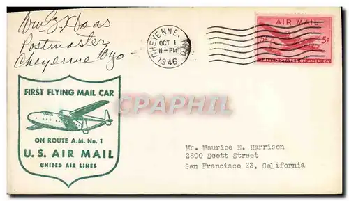 Lettre Etats Unis 1st flying mail car A 1 Cheyenne 1 10 1946