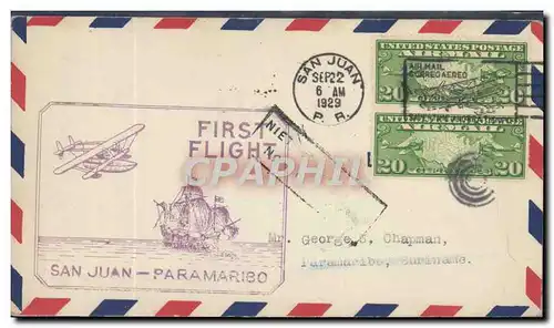 Lettre Etats Unis 1st flight San Juan Paramaribo 22 9 1929