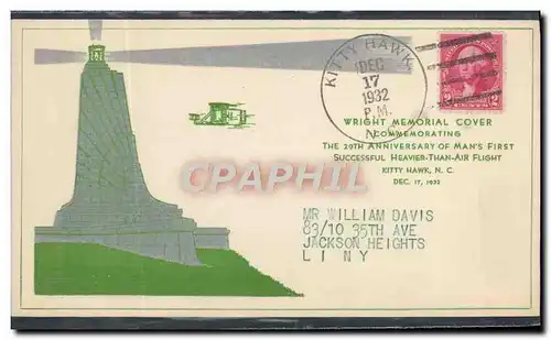 Lettre Etats Unis Kitty Hawk Wright Memorial Cover 17 12 1932