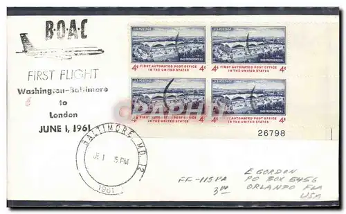 Lettre Etats Unis 1st flight Waashington Baltimore 1 6 1961