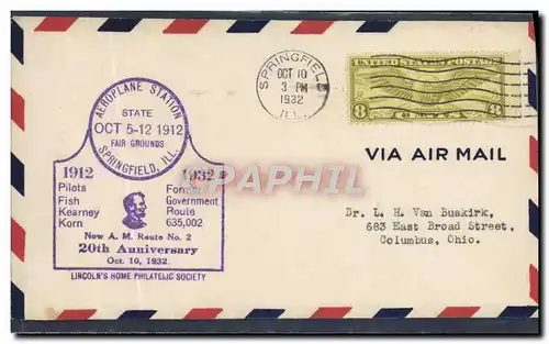 Lettre Etats Unis Aeroplane station Springfield 10 10 1932