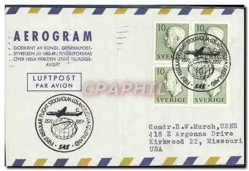 Aerogramme Suede Sotckholm Los Angeles 15 1 1954
