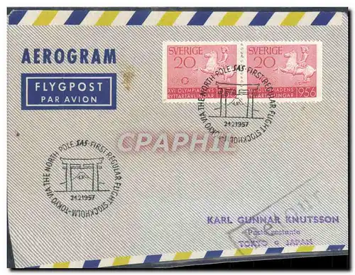 Aerogramme Suede North Pole Sotckholm Tokyo 24 2 1957