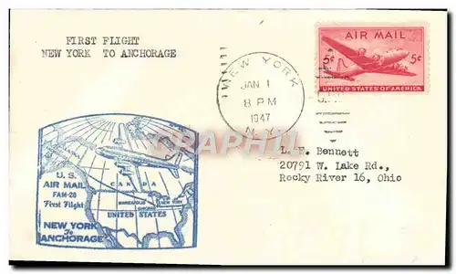 Lettre Etats Unis 1st Flight New York Anchorage 1 1 1947