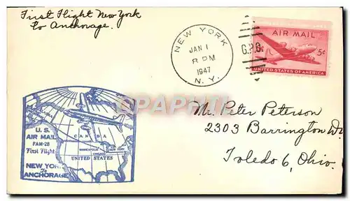 Lettre Etats Unis 1st Flight New York Anchorage 1 1 1947