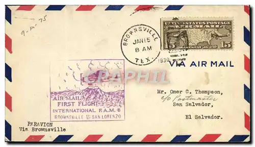 Lettre Etats Unis 1st Flight Brownsville San Lorenzo 15 1 1930