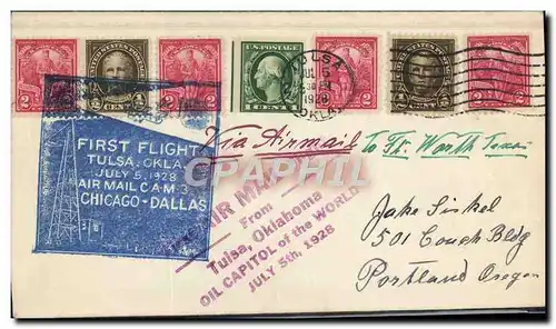 Lettre Etats Unis 1st Flight Tulsa Chicago DAllas 15 7 1928