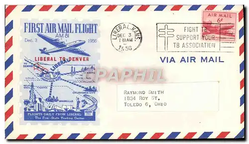 Lettre Etats Unis 1st Flight Liberal Kans 2 12 1956