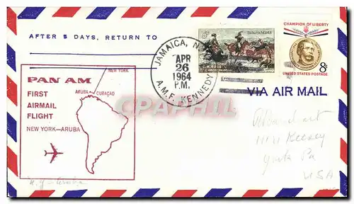 Lettre Etats Unis 1st Flight New York ARuba 26 4 1964