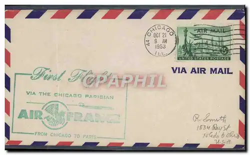 Lettre Etats Unis 1st Flight Chicago Paris 21 10 1953