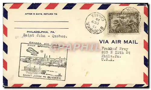 Lettre Canada 1st Flight Saint John Quebec 9 12 1929