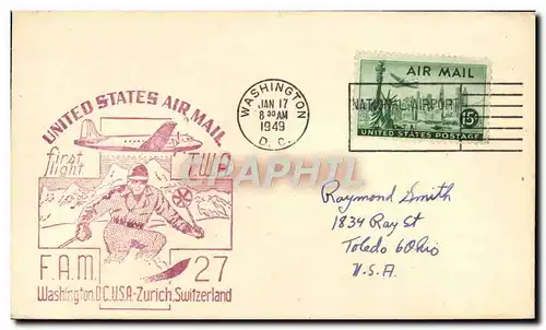 Lettre Etats Unis 1st Flight Washington Zurcih Ski 17 1 1949