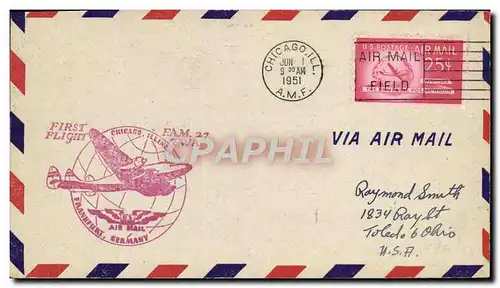 Lettre Etats Unis 1st Flight Chicago Frankfurt 1 6 1951