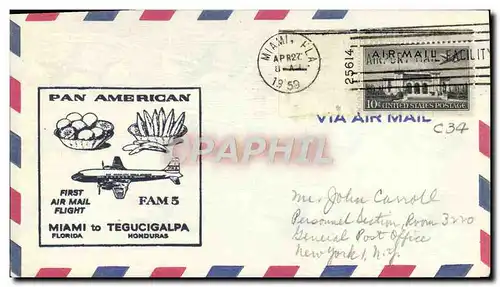 Lettre Etats Unis 1st Flight Miami Tegucigalpa Honduras 27 4 1959