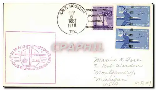 Lettre Etats Unis 1st Flight KLM Houston Amsterdam 6 9 1957