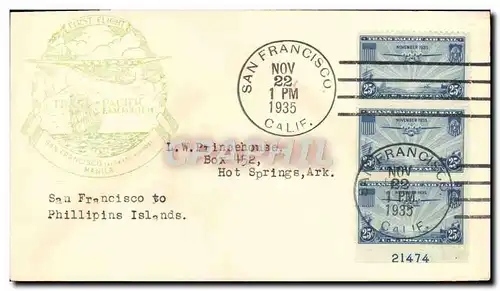 Lettre Etats Unis 1st Flight San Francisco t Philippins Islands 22 11 1935