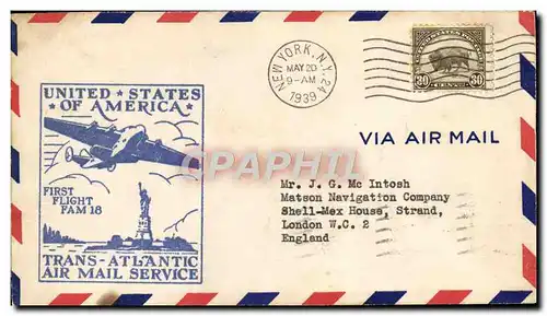 Lettre Etats Unis 1st Flight FAM 18 New York to london 20 5 1939