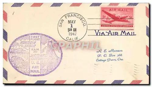 Lettre Etats Unis 1st Flight Honolulu San Francisco 1 5 1947