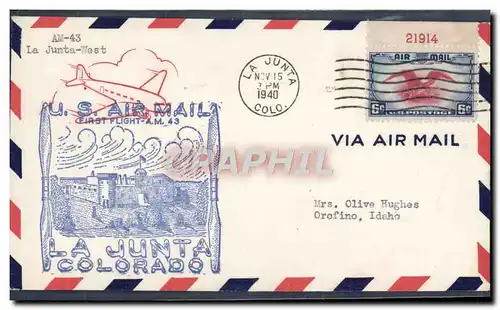 Lettre Etats Unis 1st flight La junta Colorado 15 11 1940