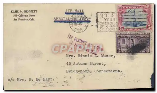 Lettre Etats Unis Flight to Bridgeport Connecticut san Francisco 1928