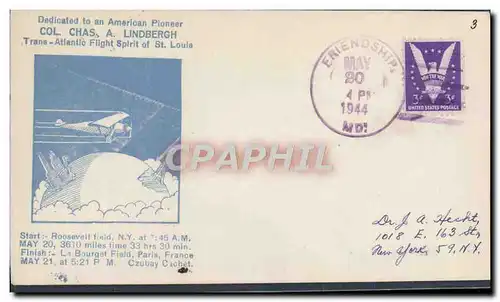 Lettre Etats Unis 1st flight Lindbergh 1944