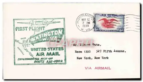 Lettre Etats Unis 1st flight Huntington 12 5 1939