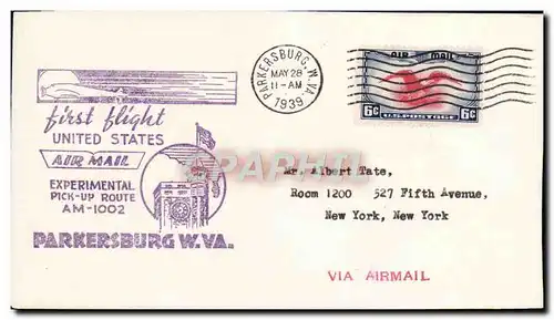 Lettre Etats Unis 1st flight Parkersburg 28 5 1939