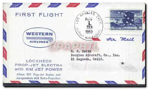 Lettre Etats Unis 1st Flight Lockeed Jet Electra GM Jet power ppur El Segundo Cal 1 8 1959