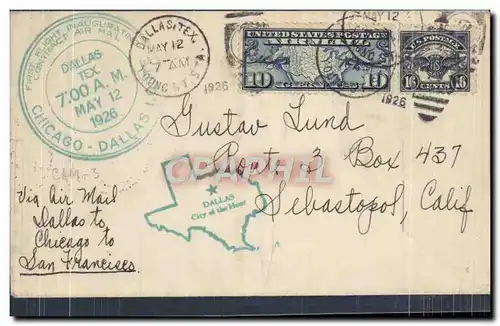 Lettre Etats Unis 1st Flight Chicago Dallas Route 12 5 1926