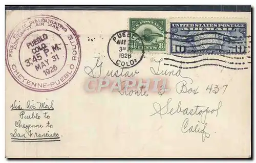 Lettre Etats Unis 1st Flight Cheyenne Pueblo 31 5 1926