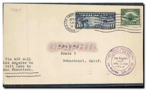 Lettre Etats Unis 1st Flight Los Angeles salt Lake City 17 4 1926