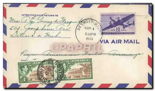 Lettre Etats Unis Flight Detroit to Jamaica 1 11 1946