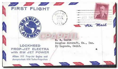 Lettre Etats Unis 1st Flight Lockheed Prop Jet Electra GM Jet power Dallas El Segundo Cal 9 6 1959
