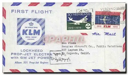 Lettre Etats Unis 1st Flight Lockheed Prop Jet Electra GM Jet Power Pays Bas El Segundo 9 12 1959