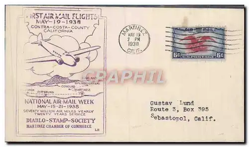 Lettre Etats Unis 1st Flight 19 5 1938 Contra Costa California