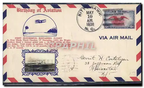 Lettre Etats Unis 1st Flight Kitty Hawk N Carolina 19 5 1938