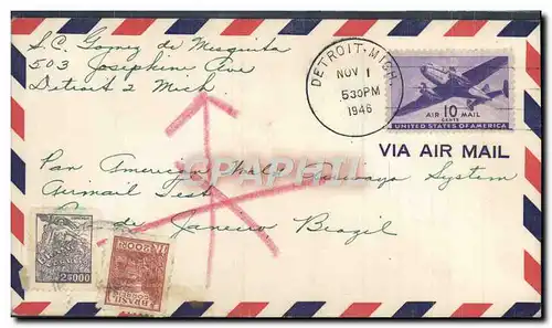 Lettre Etats Unis Vol Detroit to Brazil 1 11 1946