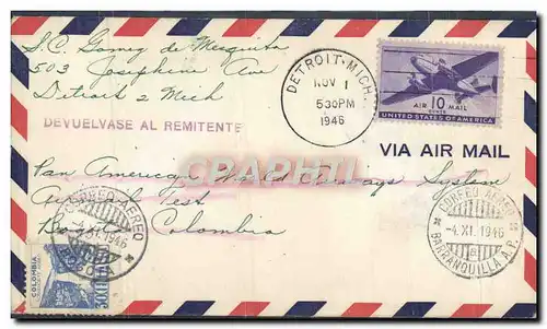 Lettre Etats Unis Detroit to Bogota Colombia 1 11 1946