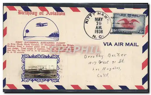 Lettre Etats Unis 1st Flight Kitty Hawk 19 5 1938