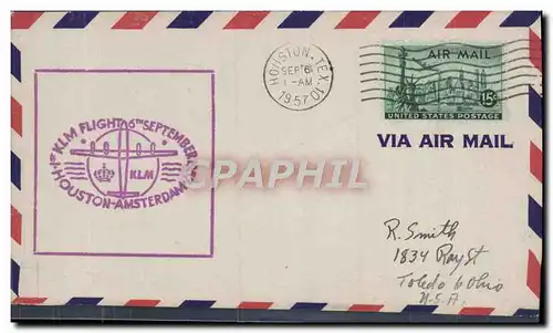Lettre Etats Unis KLM Flight Houston Amsterdam 6 9 1957