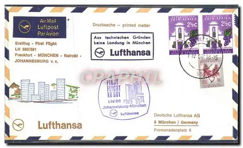 Lettre Frankfurt Munchen Nairobi Johannesburg 1 4 1968 Lufthansa