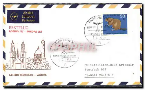 Lettre Munchen Zurich 1er vol Boeing 727 1 4 1968 Castor