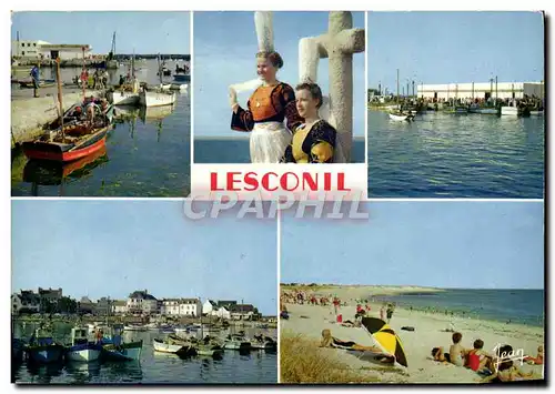 Cartes postales moderne La Bretagne Lesconil Le Port et la Criee Coiffe et costume de Bigoudenne Sables Blancs