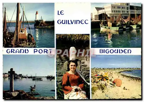 Cartes postales moderne Le Guilvinec Le Port la criee la plage et une jeune fille en costume bigouden Folklore