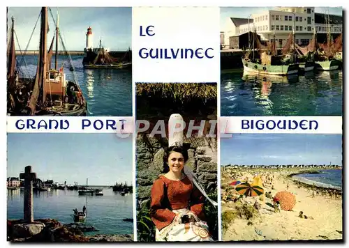 Moderne Karte Le Guilvinec Le Port la criee la plage et une jeune fille en costume bigouden Folklore